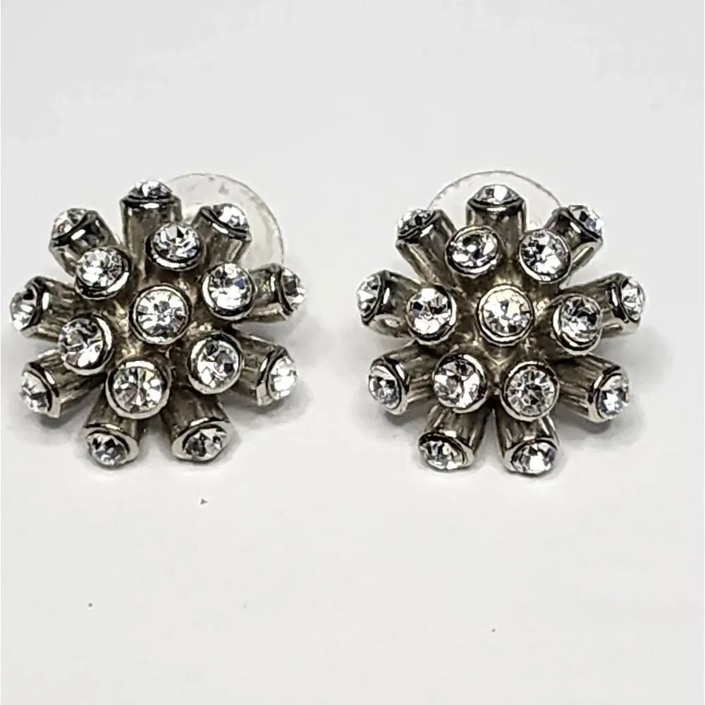 Vintage J. Crew Round White/Clear Crystal Flower Earrings